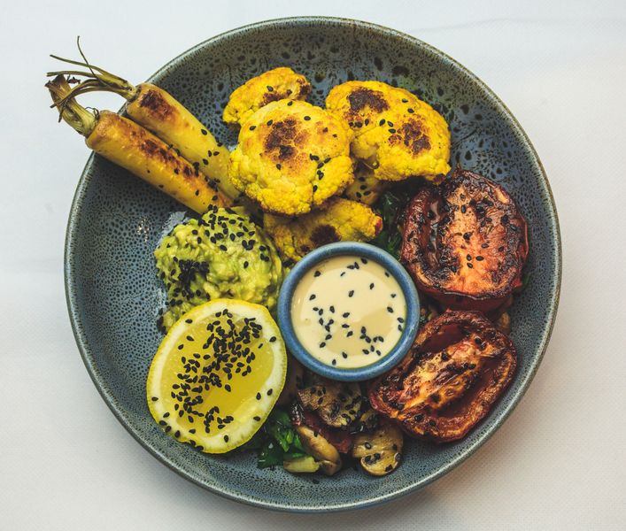 Tatte signature grain bowl with roasted vegetables and tahini